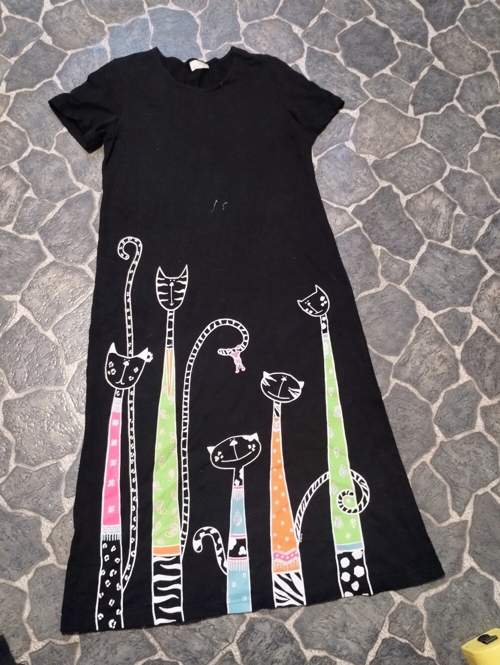 CITI Black multi colored cat short sleeve cotton maxi dress Size S VINTAGE 90s